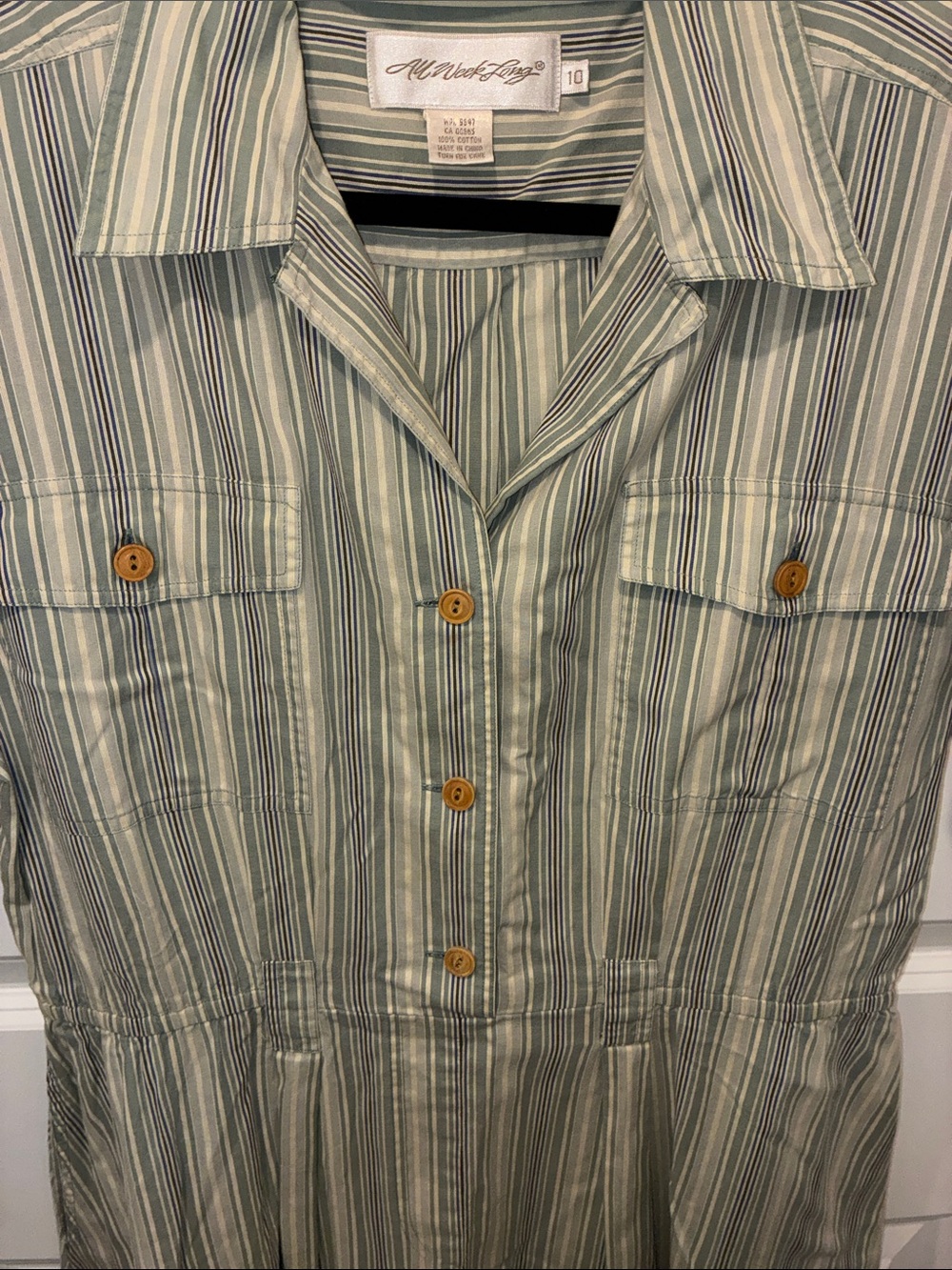 Vintage 100% Cotton Blue Tan Pinstripe Flowy Midi Dress Size 10 - Picture 4 of 6